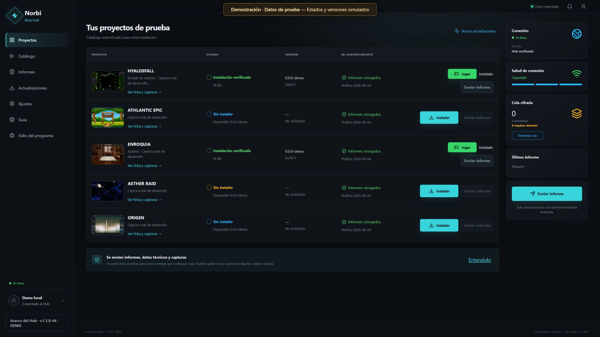 Interfaz de Norbi Beta Hub con miniaturas de HYALOSFALL, ATHLANTIC EPIC, ENROQUIA, AETHER RAID y ORIGEN. Vista de demostración con estados simulados Jugar e Instalar.